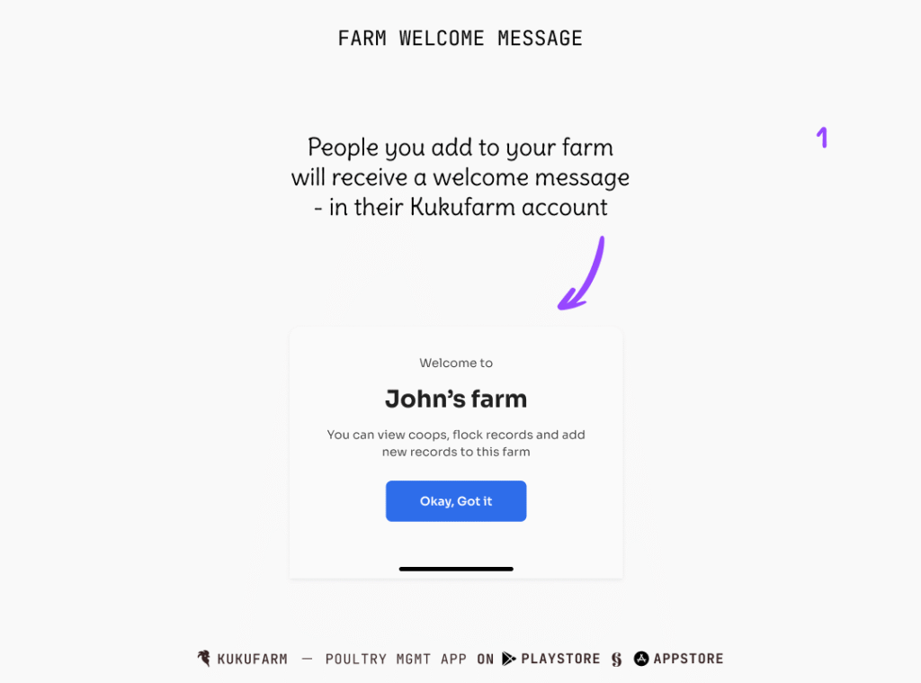 Add co-farmers to your farm on Kukufarm poultry app - Farm welcome message