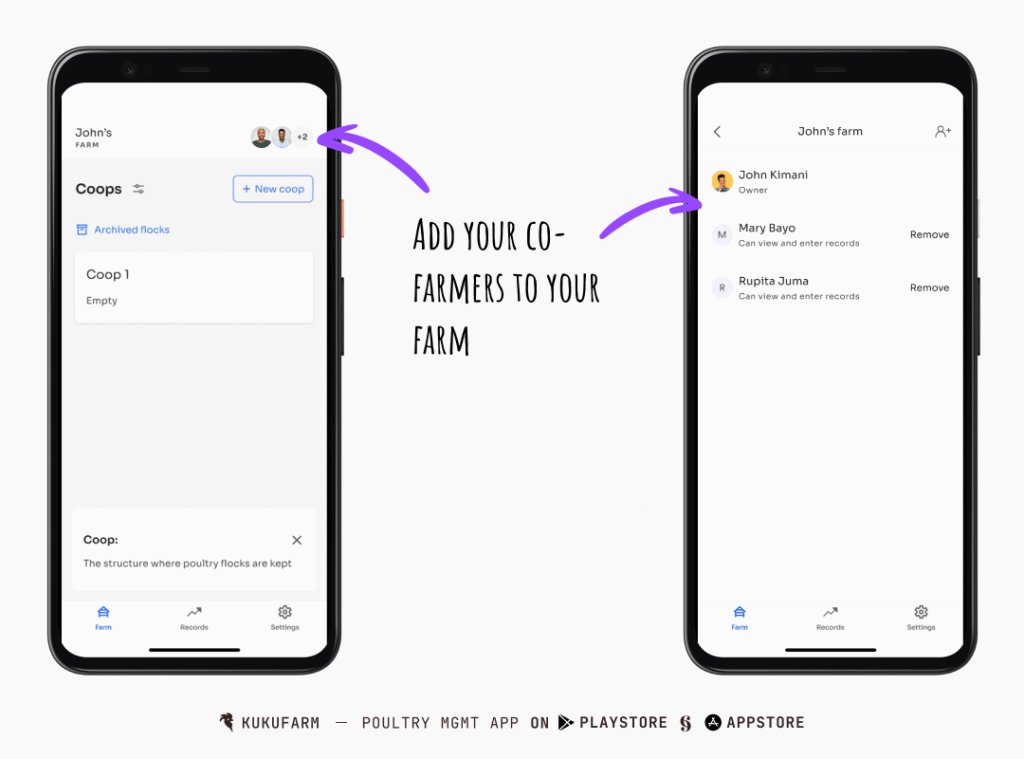 Add co-farmers to your farm on Kukufarm poultry app