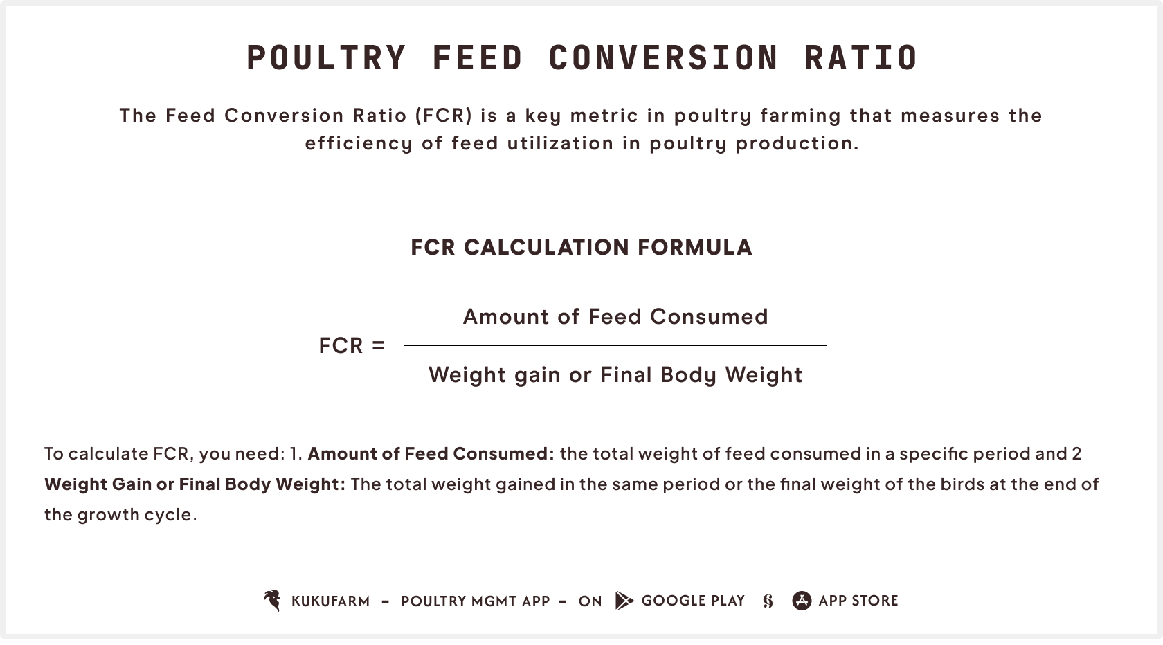 Poultry bird weight as a variable in the calculation of Feed conversion ratio (FCR)